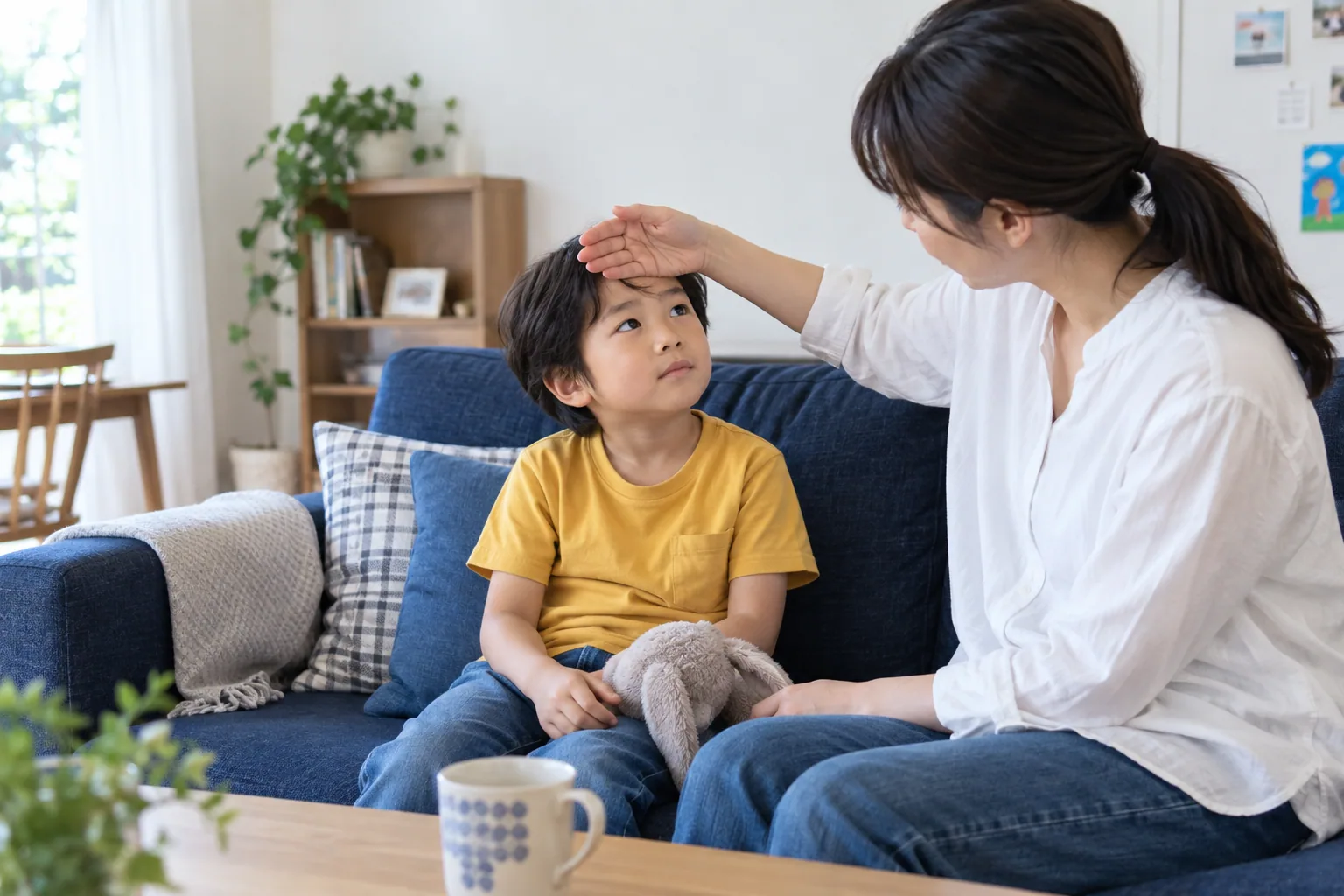 自宅で母親がお子さまの額に手を当てるイメージ